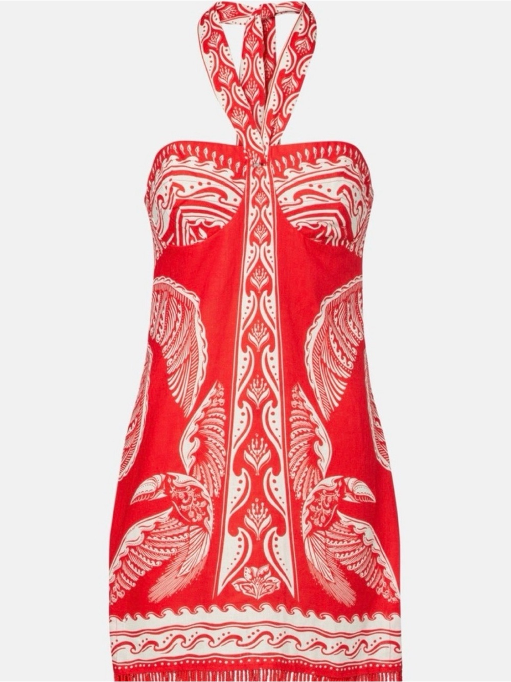 FARM Rio Red and White Strapless Paisley-Print Halter Dress